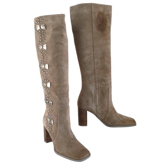 SAM EDELMAN Oma Brown Suede Western Studded Knee High Heeled Boots Women's 8 - Picture 1 of 8